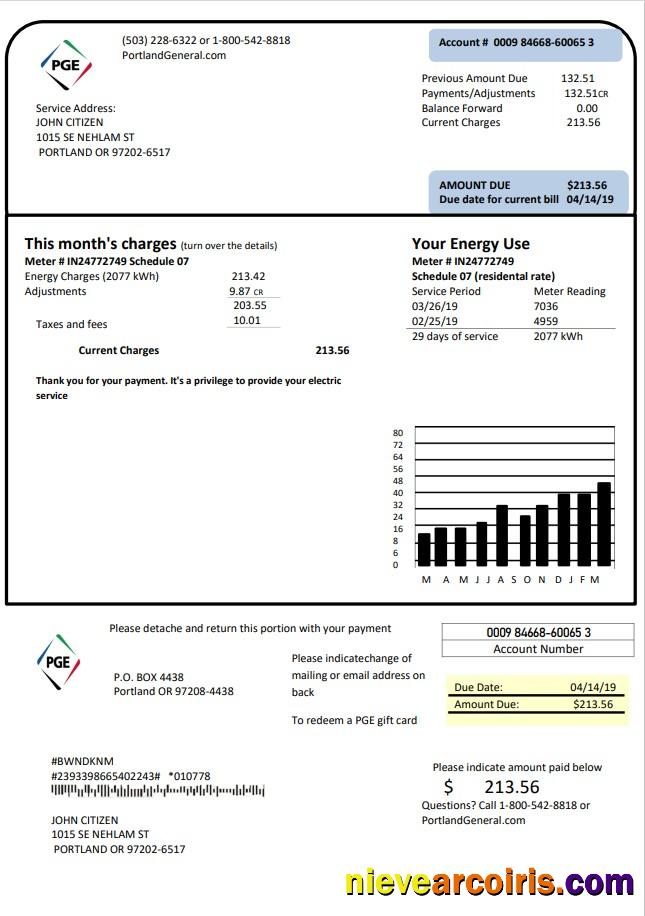 USA Oregon PGE electricity utility bill